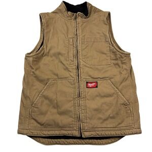 Milwaukee Mens Brown Duck Canvas Sherpa Lined Workwear Vest Full Zip Size L